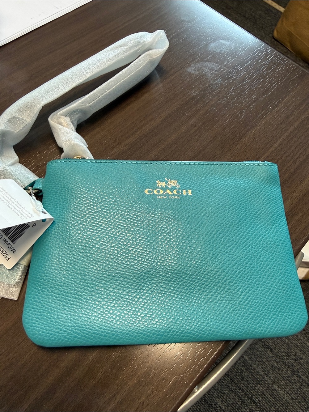 Coach Teal Leather Wristlet Pouch with Gold Logo